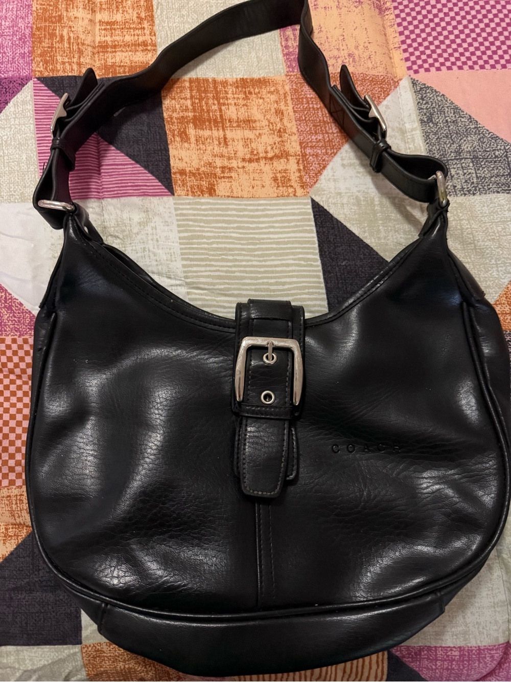 Classic Coach Black Leather Hobo Bag with Buckle Strap